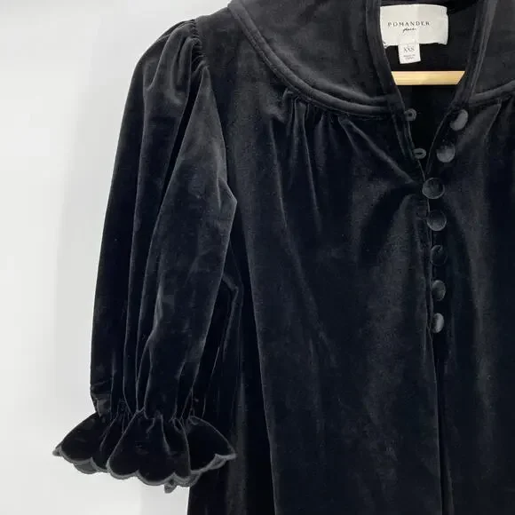 Pomander PlaceBlack Velvet Selena Blouse Victorian Puff Sleeve Top XXS